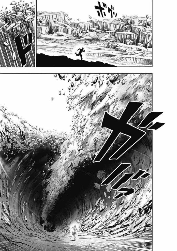 Suddenly, the ground on the lefts and right side of Saitama forms like a tsunami ready to engulf him as he runs.