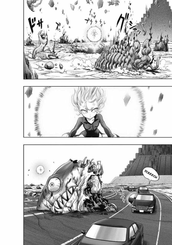 Tatsumaki appears amidst the exploding monster meat. Some cars arrive at the scene and stop near a monster's head.