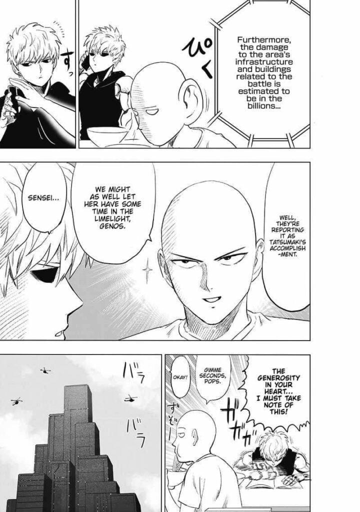 Genos calls the H.A. to complain. Saitama stops him, saying he will allow Tatsumaki to get the credit.