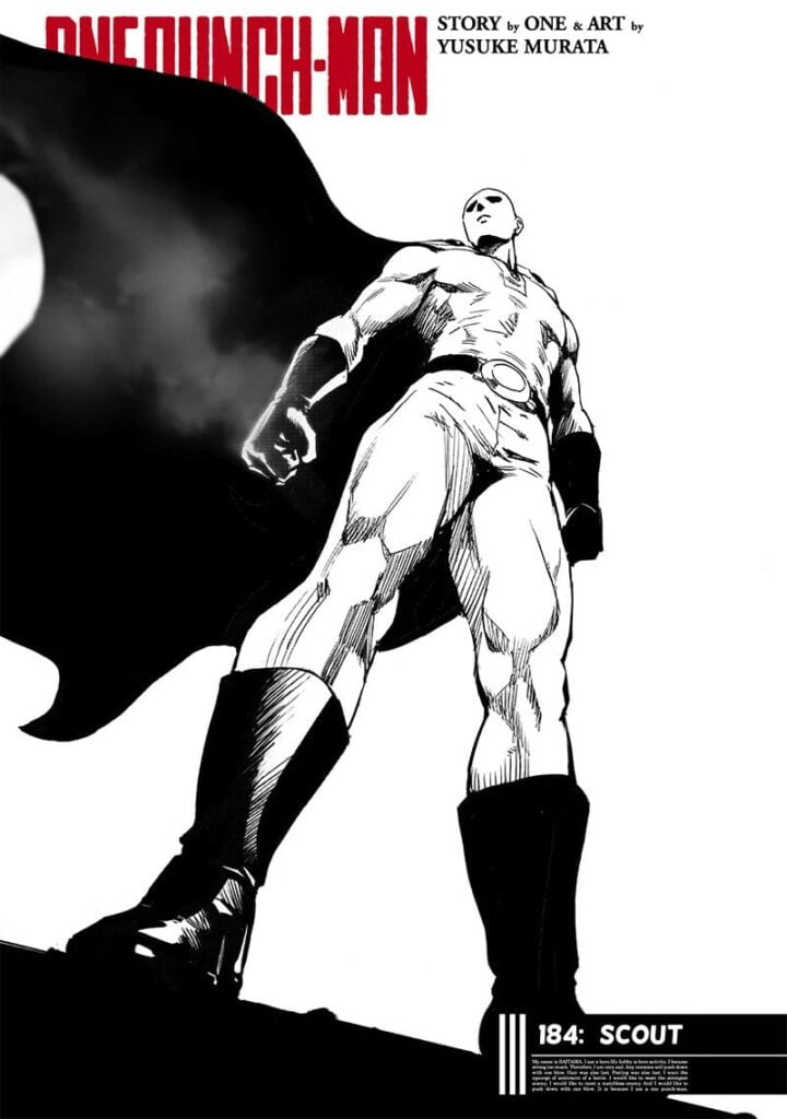 Saitama is standing under a white background while his cape is waving.