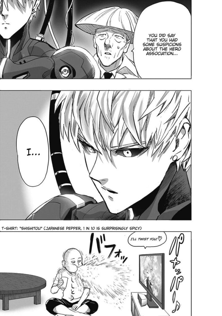 Dr. Kuseno talks to Genos and the new hero organization. Saitama blows his drink after seeing Tatsumaki's commercials.