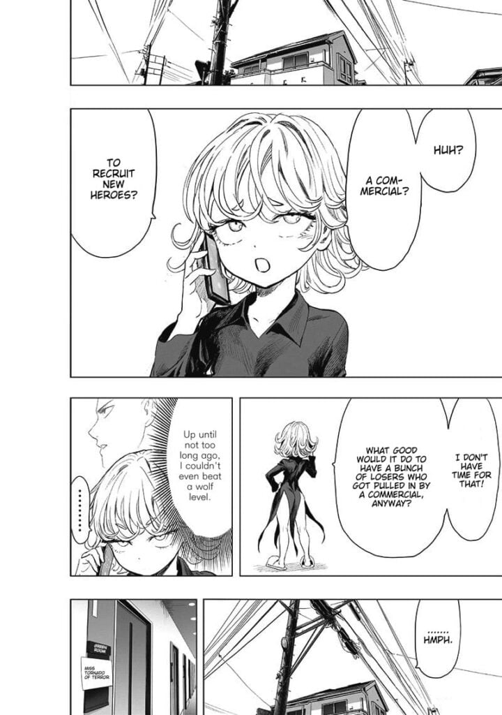 Tatsumaki is on the phone talking to someone for a possible commercial to recruit new heroes.