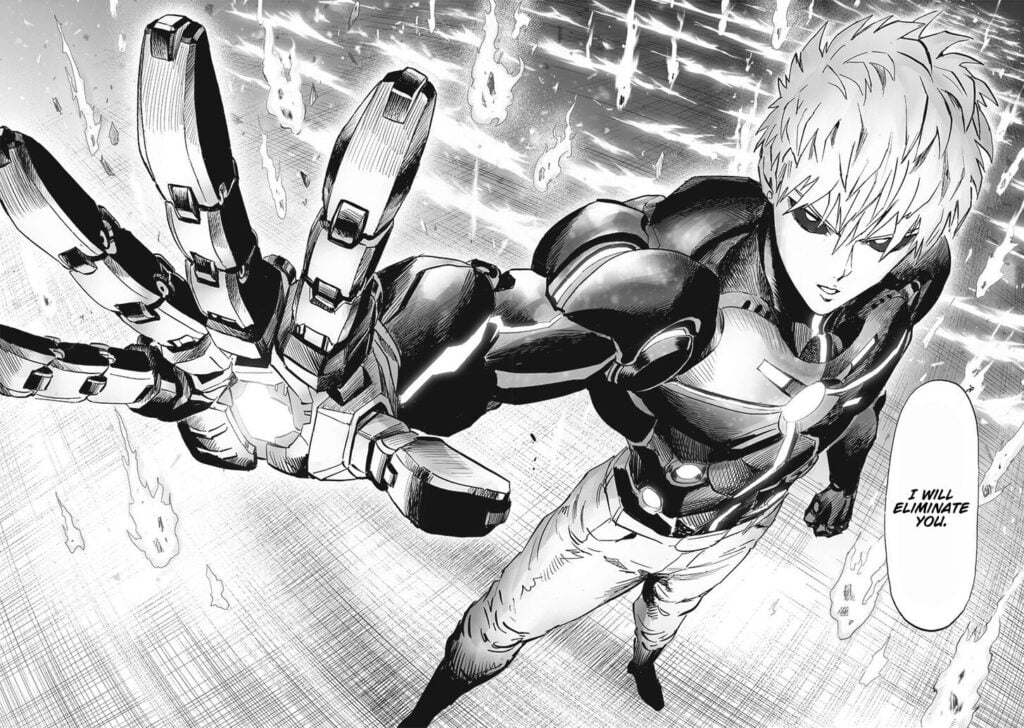 Genos lifts his right palm in the monster's direction, ready to eliminate him.