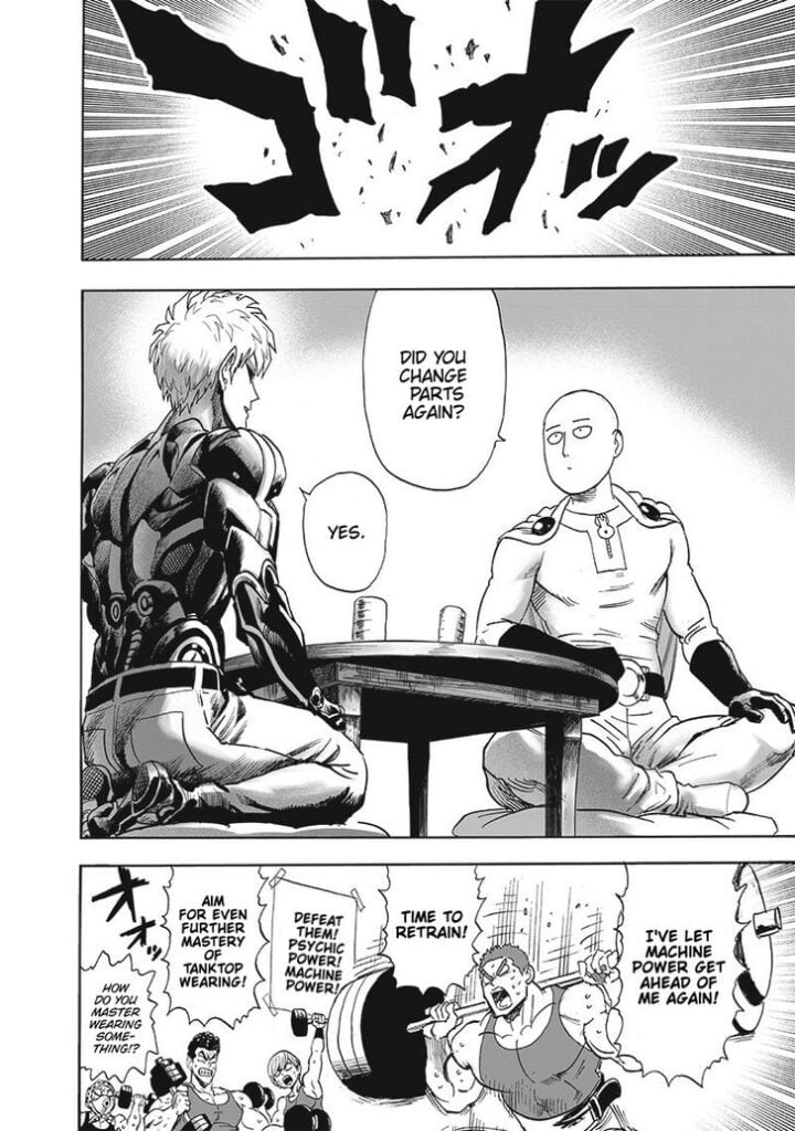 Cut to the scene, Genos and Saitama are having tea together. The tank toppers are retraining hard by lifting weights.