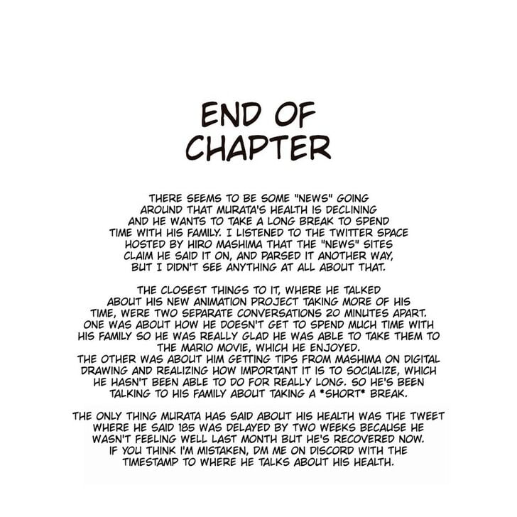 End of Chapter with a note about Murata's declining health which is somewhat false.