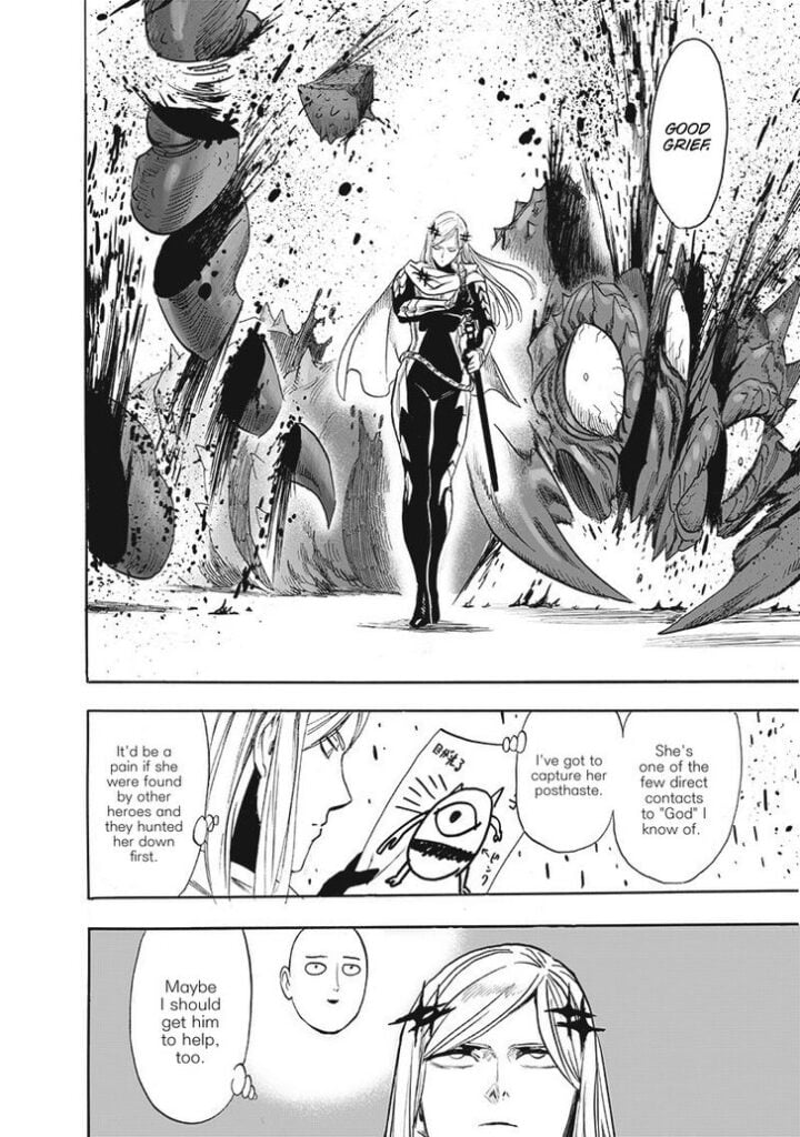 Flashy Flash swiftly cuts the monster into pieces and walks while blood spills behind him. He thinks of asking Saitama's help.