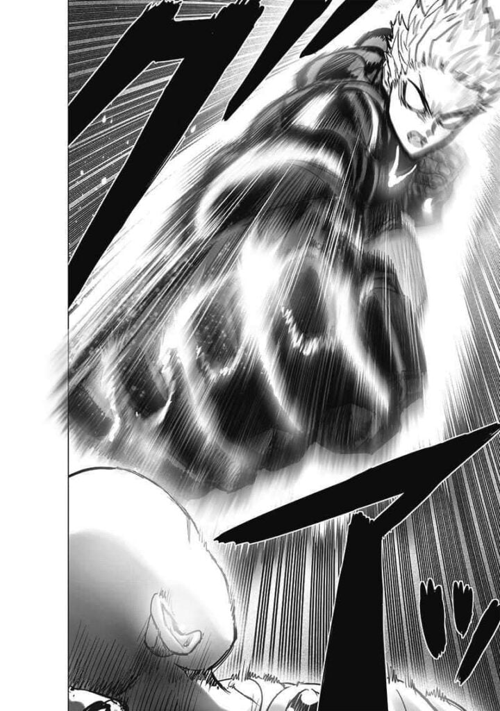 Genos attacks Saitama with a powerful punch.