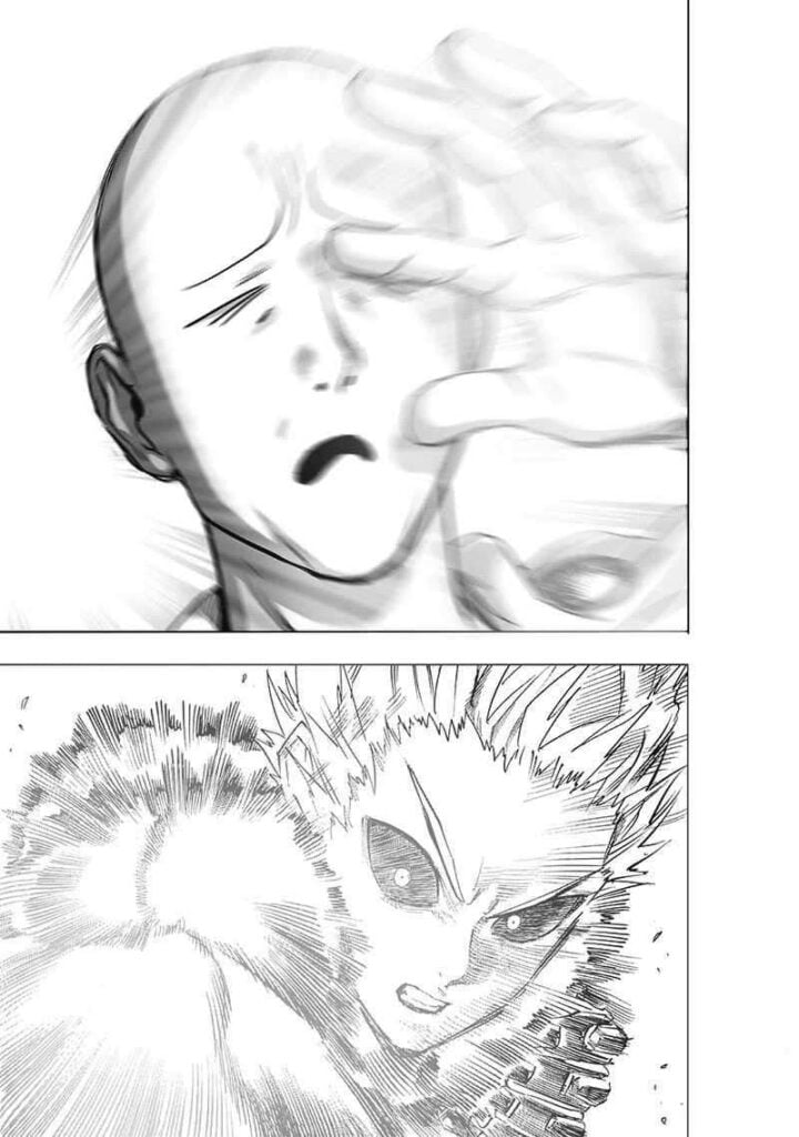 The light still blinds Saitama as Genos gets close to him.