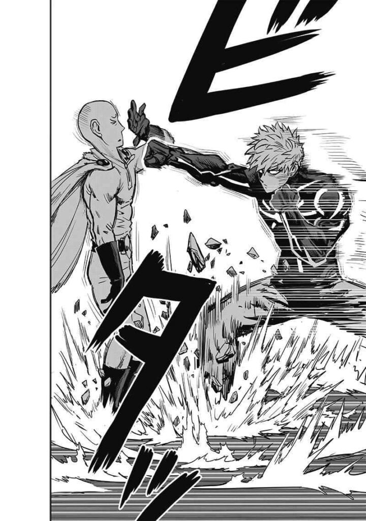 Genos stops his punch before hitting Saitama, who is just standing and covering his face against the blinding light.