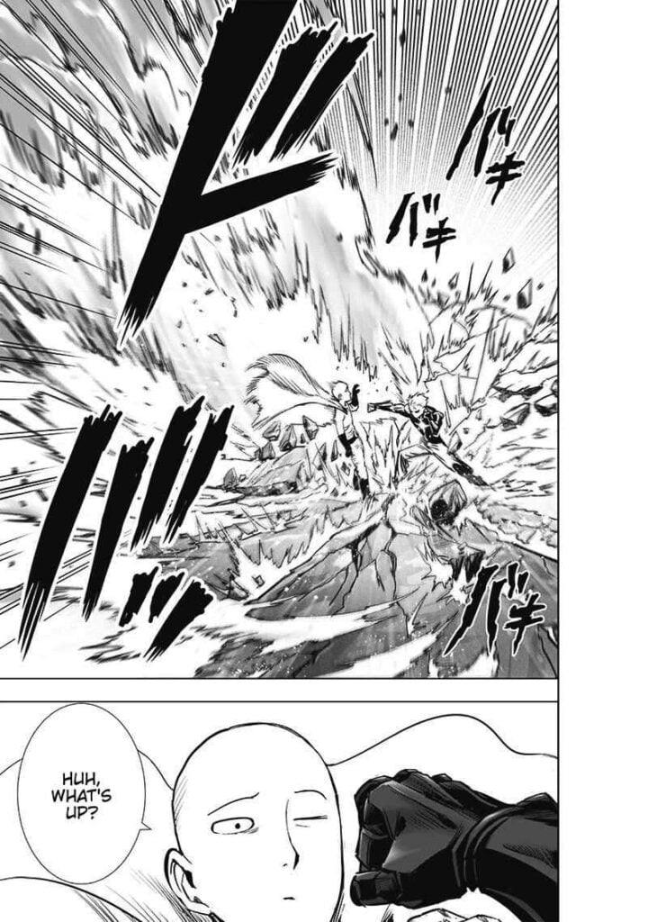 The ground they're standing on suddenly shatters. Saitama opens his eyes, seeing Geno's fist close to his face.