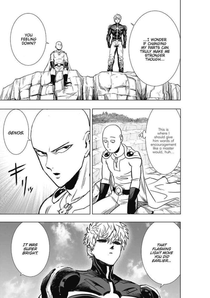 Saitama sits on the cliff and gives some advice to Genos, who is standing beside him.