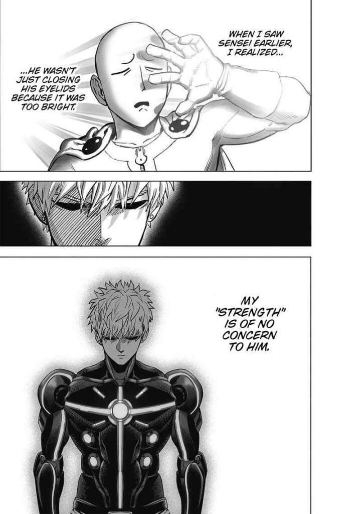 Genos thinks his strength is of no concern to him, and he remembers Saitama closing his eyes during their sparring.