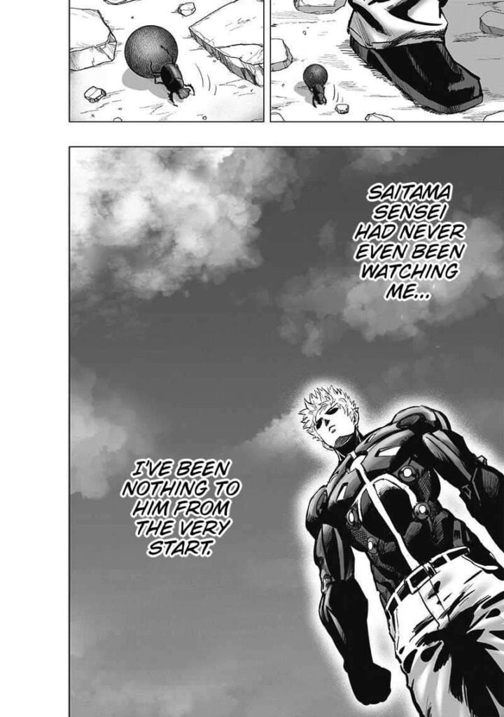 Genos stands while thinking Saitama is not even watching him, that he's nothing from the very start.