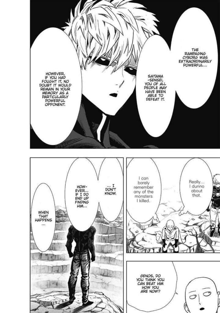 Genos says Saitama may have remembered the cyborg monster if he defeated it since it was extremely powerful.