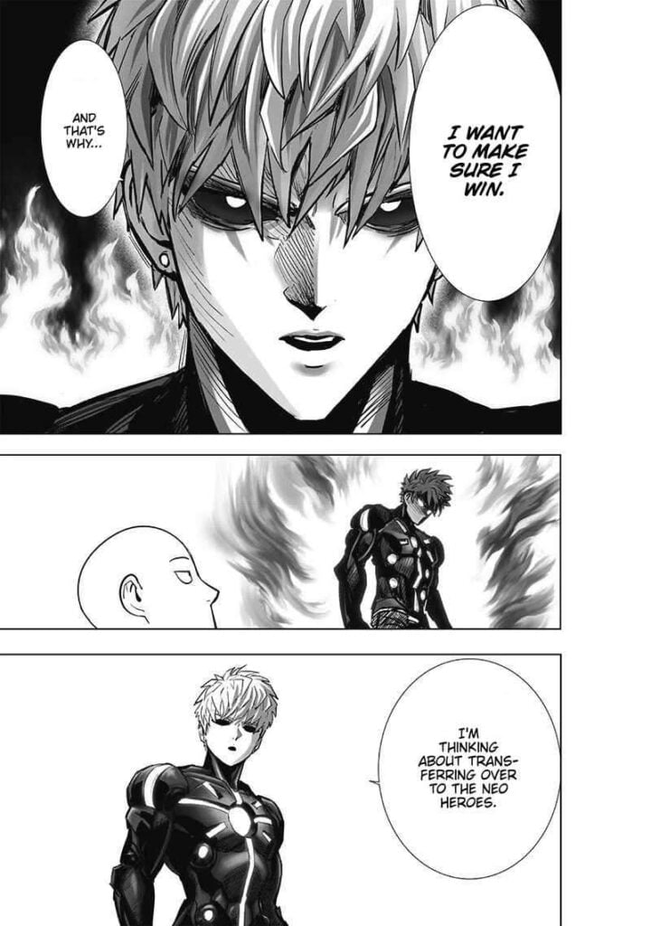 Genos emits an aura as he wants to win over the cyborg if he finds him. He thinks of transferring to the Neo Heroes.