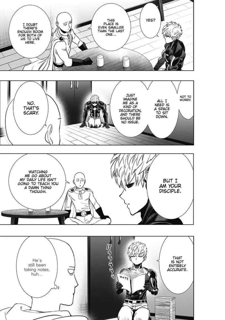 Saitama tells Genos not to live with him in his apartment, but he is adamant and says he only needs a small space.