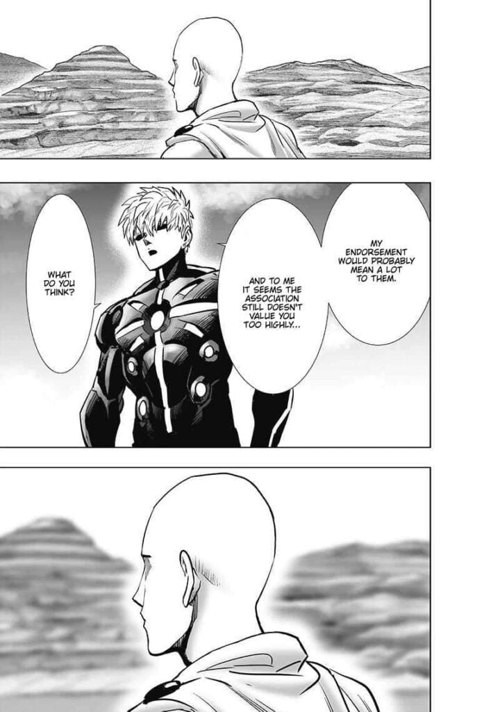 Genos asks Saitama if he wants to transfer. Saitama just sits down, looking at the cliff.