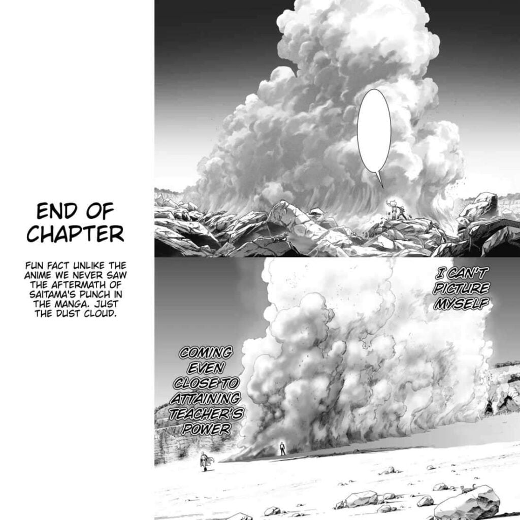 The end of the Chapter shows the comparison between Genos' punch during their recent sparring and Saitama's punch during their first.