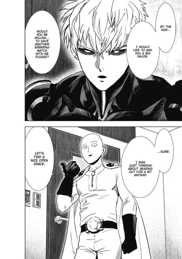 Suddenly, Genos asks Saitama to have a sparring match. Saitama agrees and stands up.