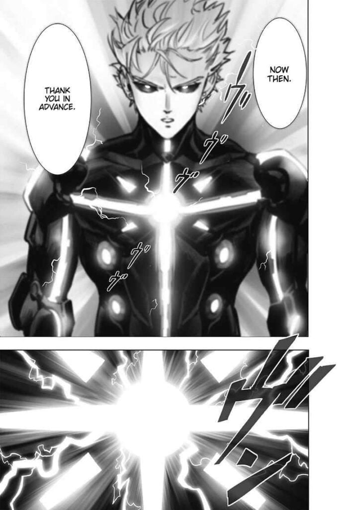 Genos thanks his sensei in advance. His chest glows, forming a cross.