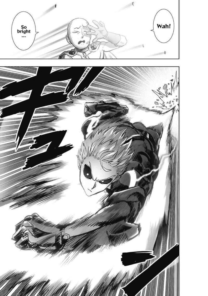 Saitama covers his eyes as he gets blinded by the light. Genos dashes to him swiftly.