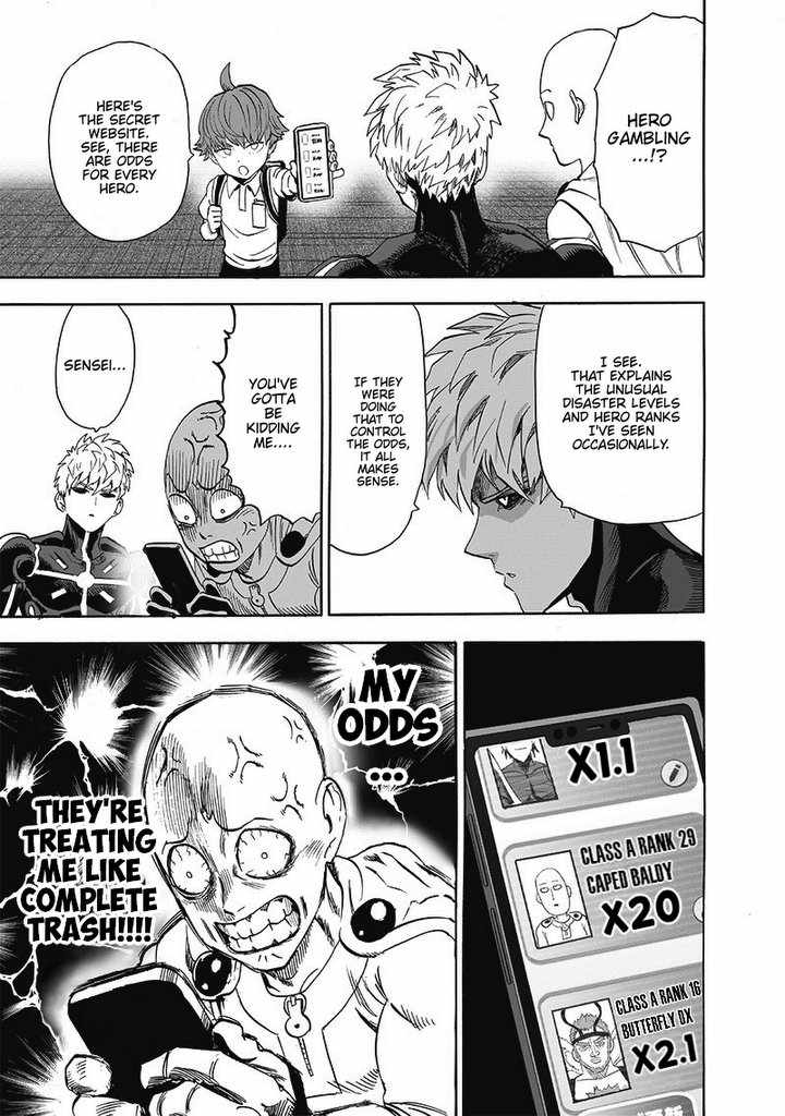 Child Emperor shows Genos and Saitama about the hero gambling website. Saitama is pissed after seeing his odds.