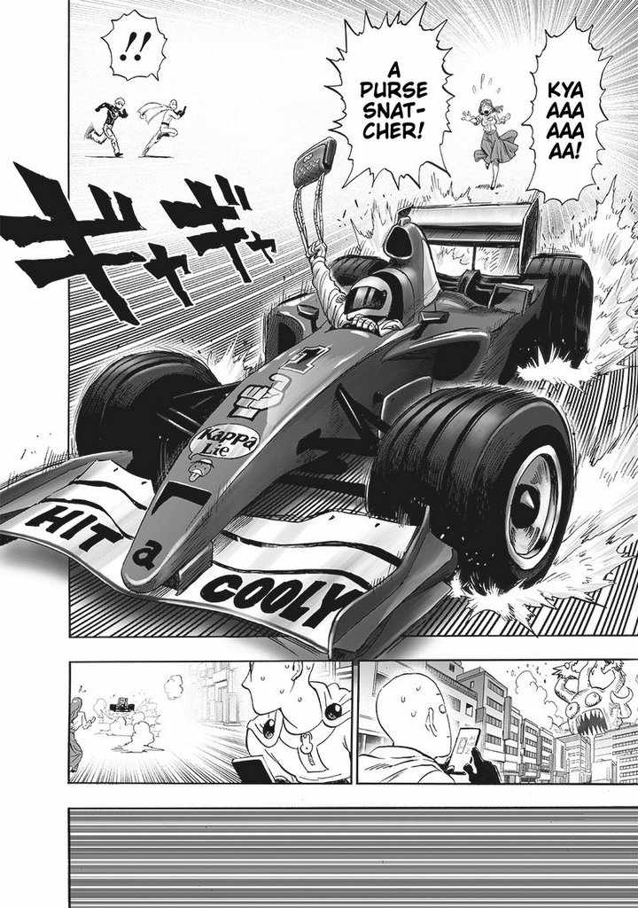 Saitama and Genos see a purse snatcher riding a Formula One race car after snatching the woman's purse.