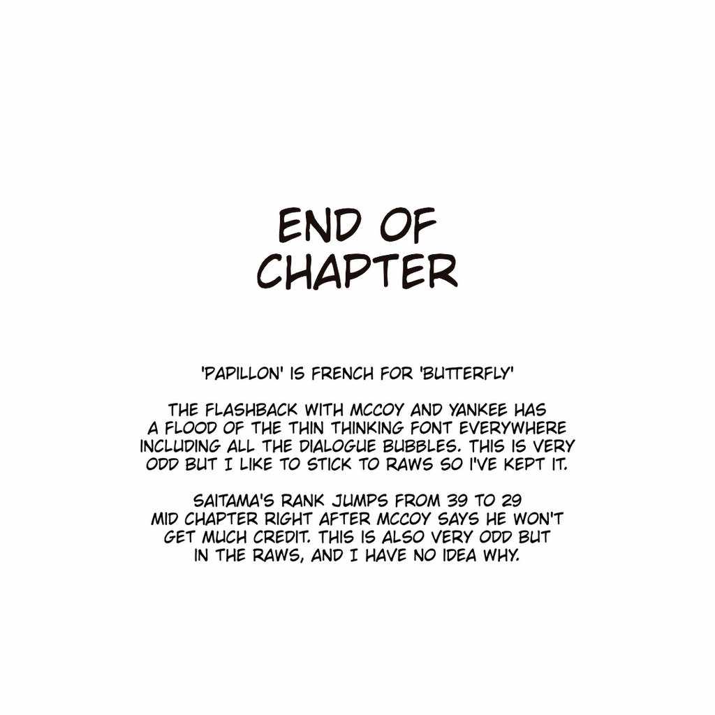 End of Chapter with a French translation of the word Papillon and some information about Saitama's rank.