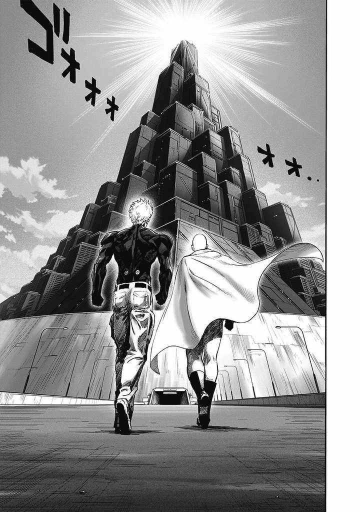 Cut to the scene, Saitama and Genos are walking towards the H.A. Base.