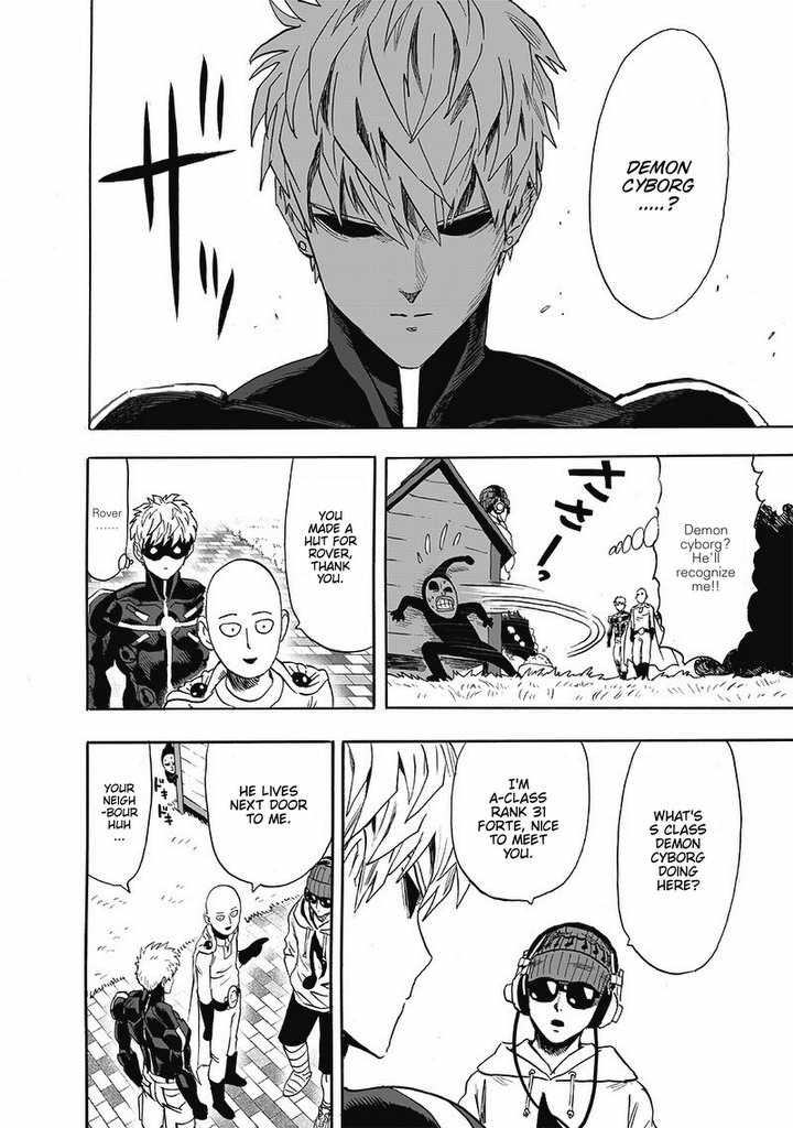 Black Sperm quickly hides after seeing Genos. Forte introduces himself to him. Genos looks jealous at Rover.