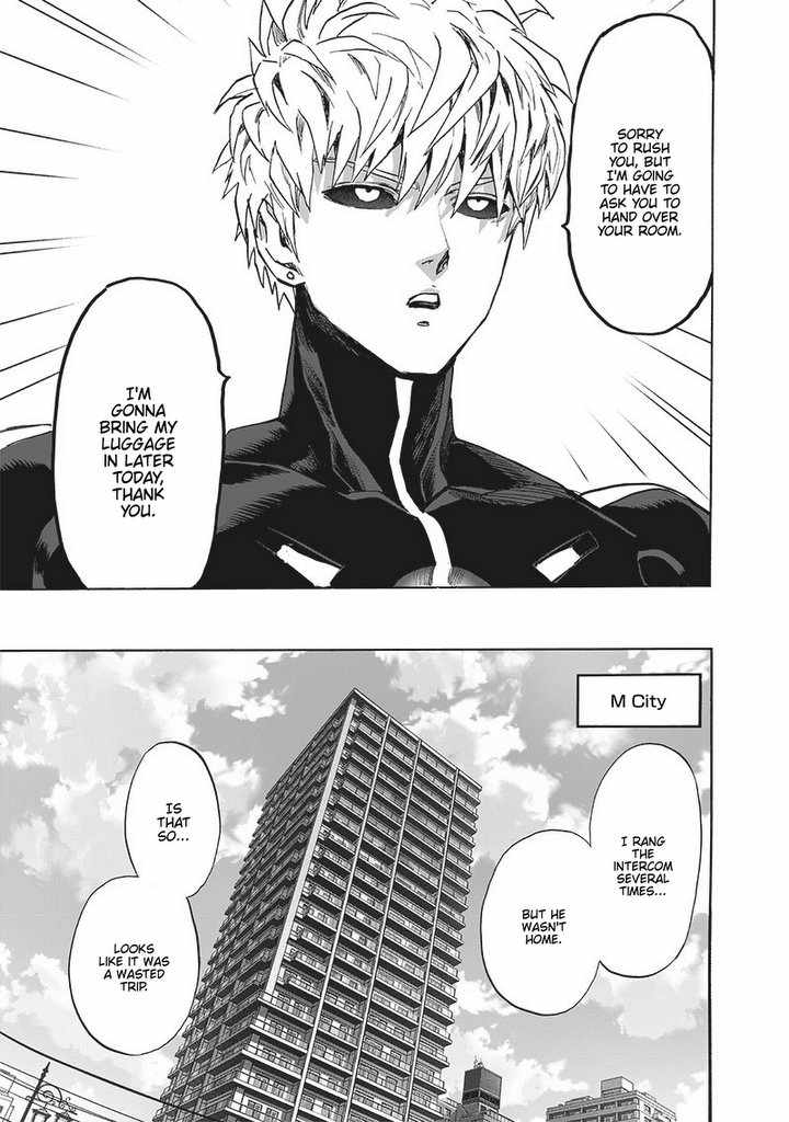 Genos tells Forte to hand over his room as he will bring his luggage later. The scene cuts to M-City.