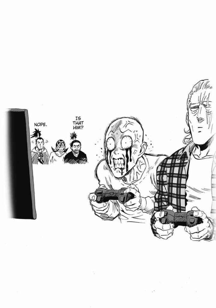 Saitama is pressured while glaring, and blood comes out of his eyes while playing a video game against King.