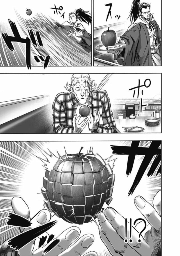 Atomic Samurai throws an apple at King and slashes it. The apple gets cut into pieces as King catches it.