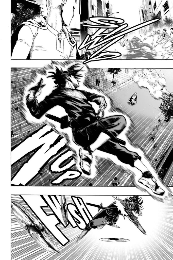 Sonic jumps and starts throwing shurikens at Saitama.