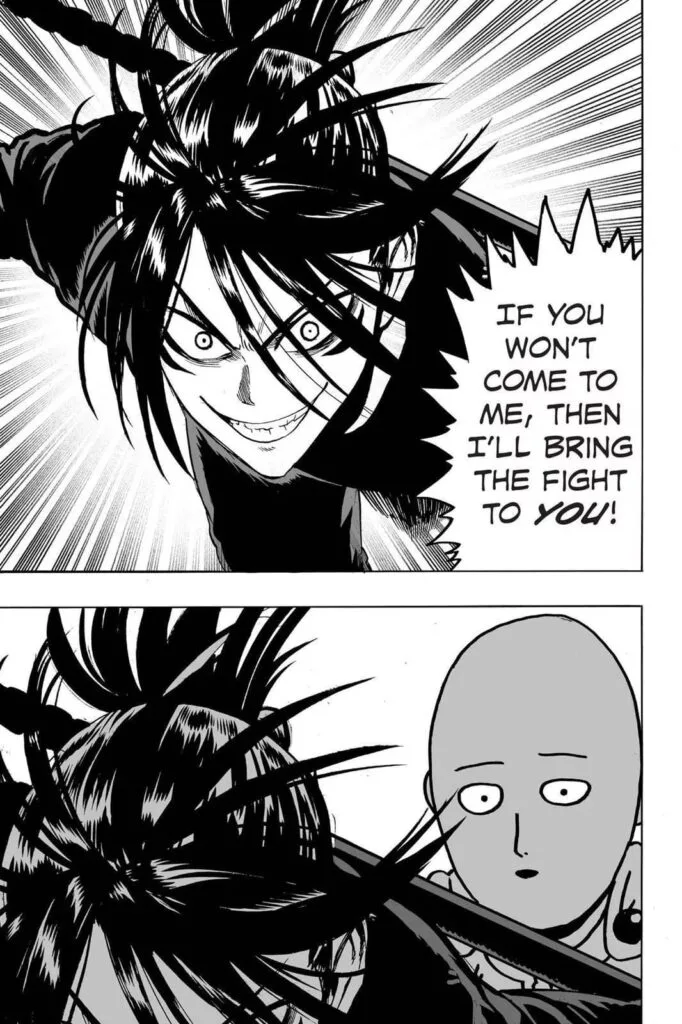 Sonic attacks with an evil grin, but Saitama quickly moves behind him.