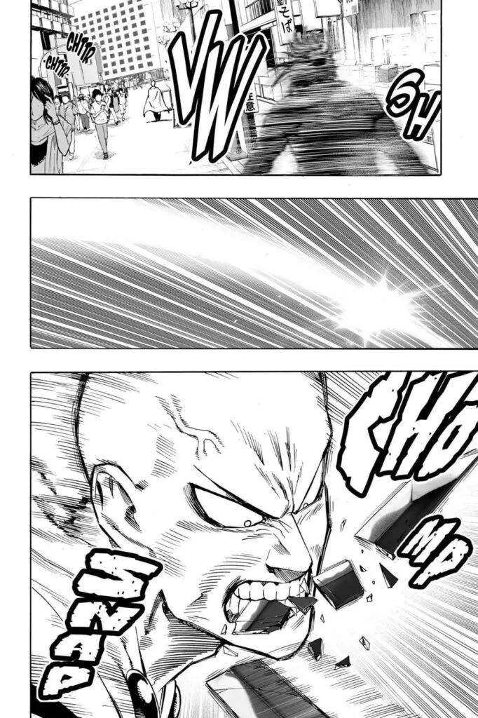 Sonic attacks with a swift slash, but Saitama bites his blade, leaving it shattered.