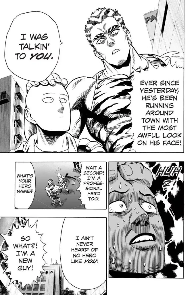 Tank Top was referring to Saitama as being suspicious, and he gets extremely nervous.