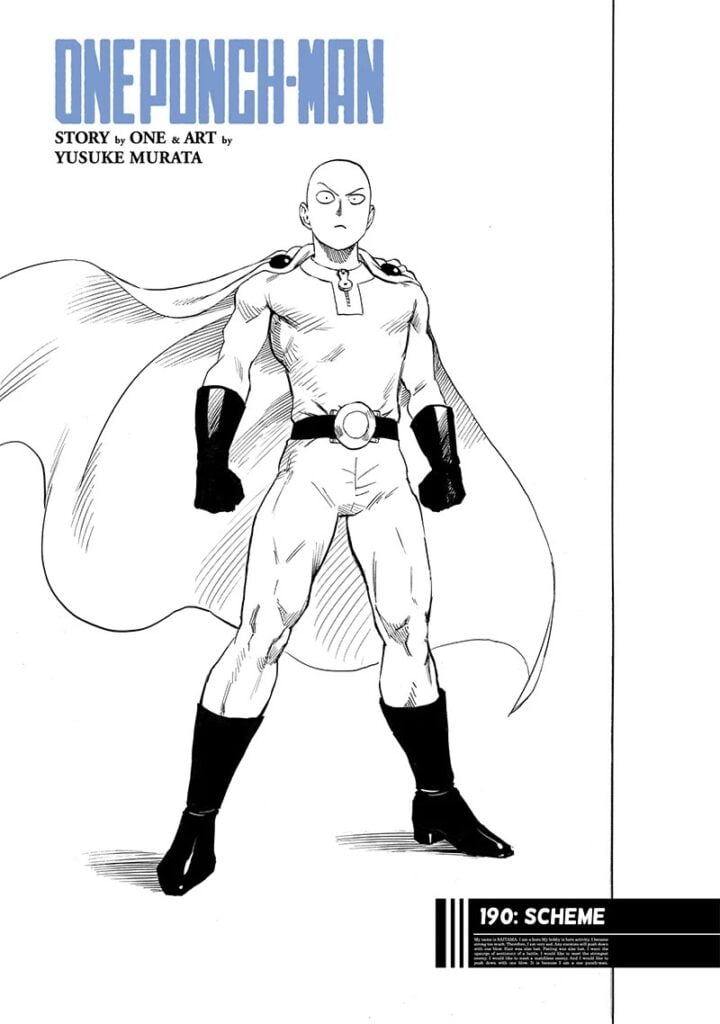 Saitama is seriously standing with his fist clenched and his cape waving in the wind, as the cover image.