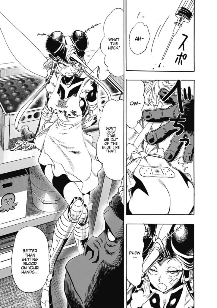 The lady is actually the Mosquito Girl from Chapter 5 of the manga. The gorilla puts a band-aid on her back.