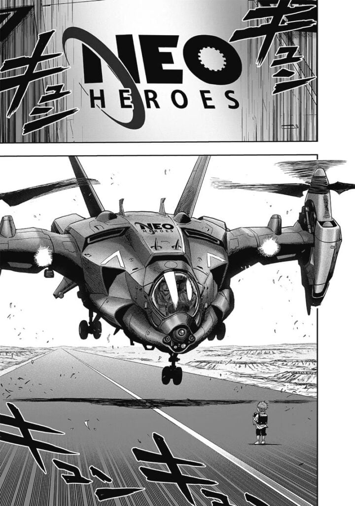 A state-of-the-art helicopter with the stencil "NEO Heroes" lands before Isamu.