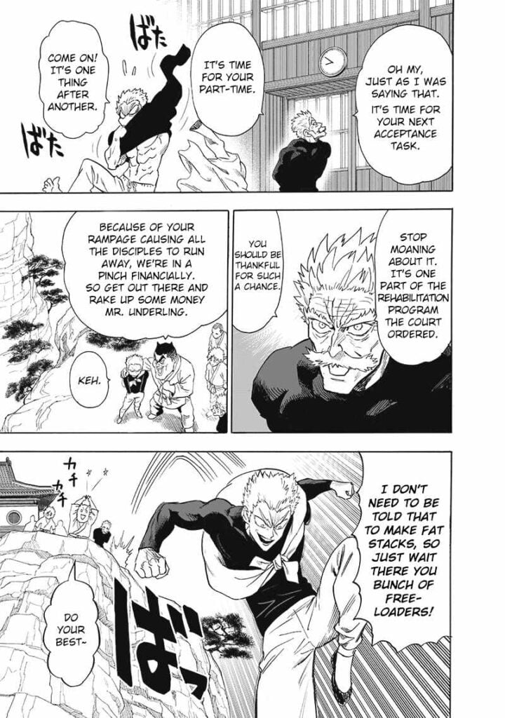 Garou changes clothes and jumps off the cliff to make some money somewhere.