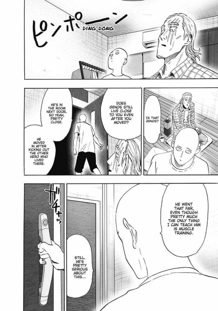 Saitama approaches the door after a Ding Dong as King wonders if its Genos, who now lives next door.