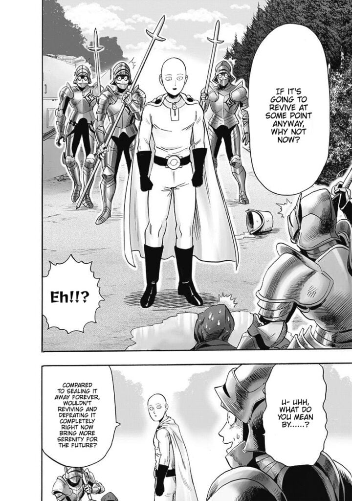 Saitama suggests reviving and defeating the Cruel Dragon right now for a more serene future, but the Saints are surprised!