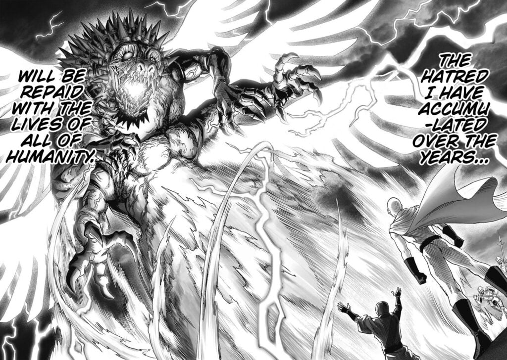 A huge dragon monster with four arms and sharp claws appears before Saitama and Deathbone members.