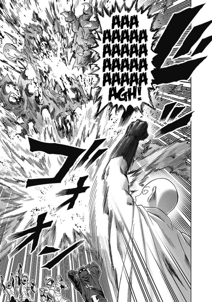 Saitama counters and completely destroys the dragon with one punch. The Deathbone member is shocked while the Saints rejoice.