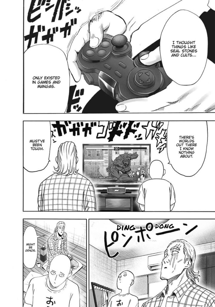 Cut to the scene, Saitama is now inside his apartment playing video game with King when a doorbell rings.