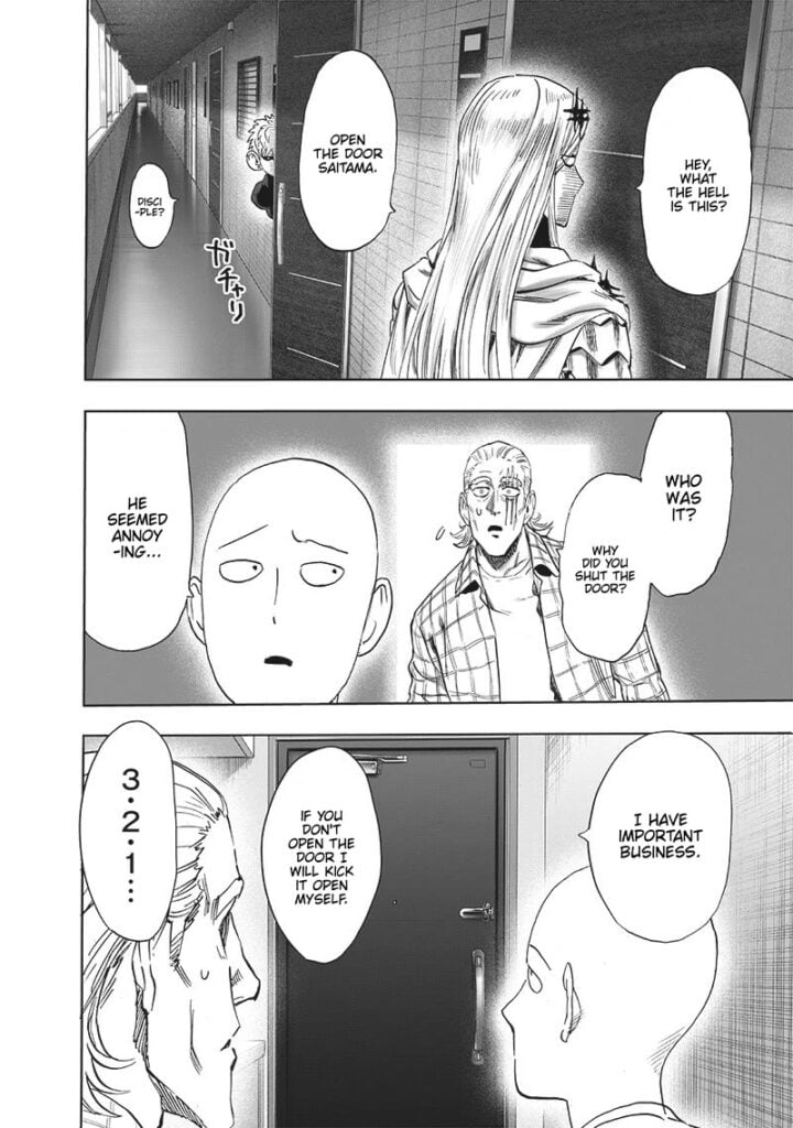 Flashy Flash looks annoyed and wants to break Saitama's door while Genos peeks from the next door.