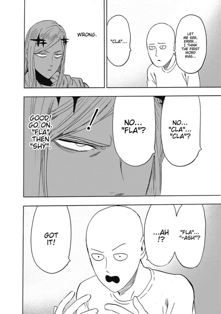 Saitama tries to guess Flashy Flash's correct name but is having a hard time.