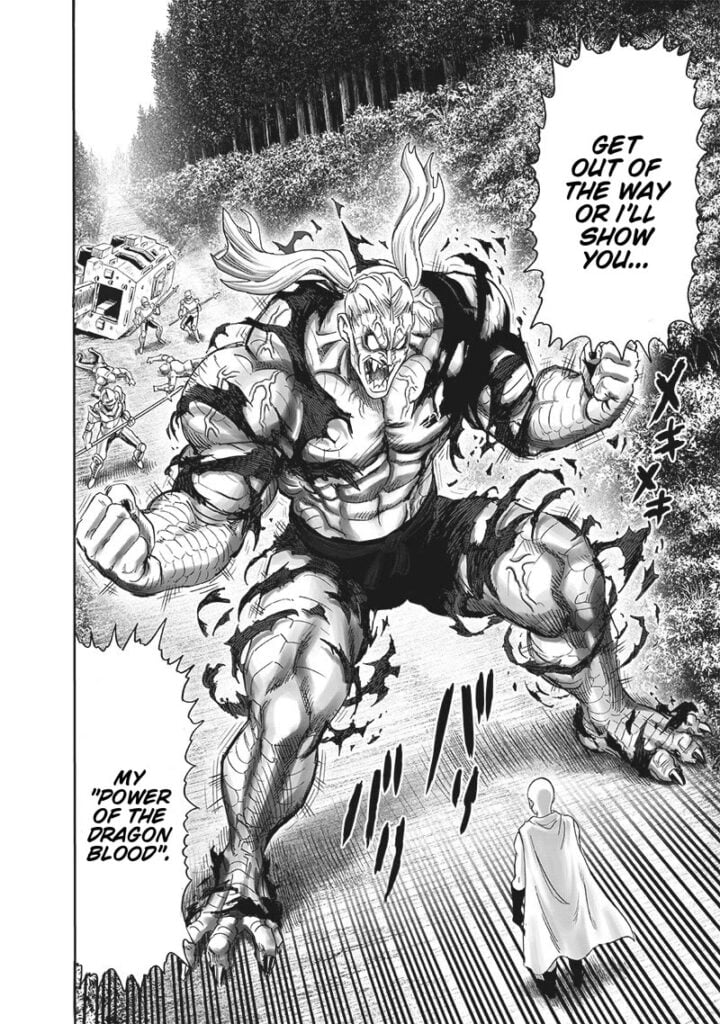 Saitama stands before a man who has transformed into a huge monster, his clothes ripping off due to his bulging muscles.