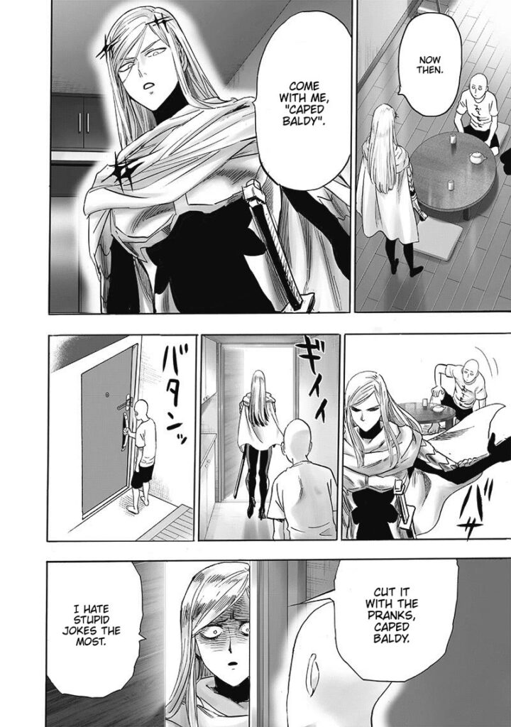 Flashy Flash stands up and asks Caped Baldy to come with him, but Saitama pranks him with the door and makes him mad.